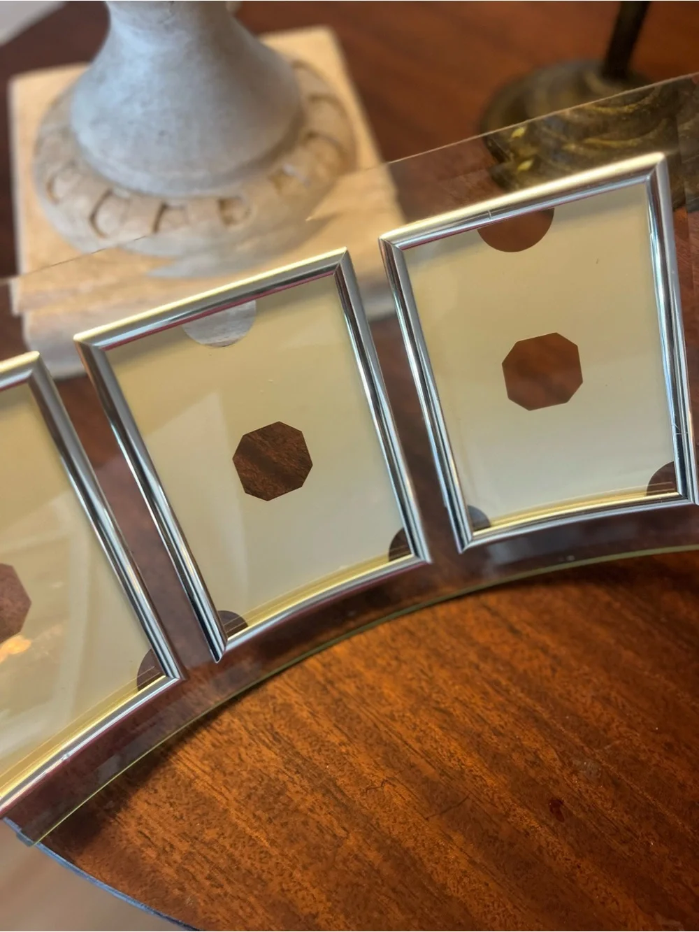 Vtg 1980s Postmodern Curved Floating Glass Silver Tone Picture Triple Frame 3x5